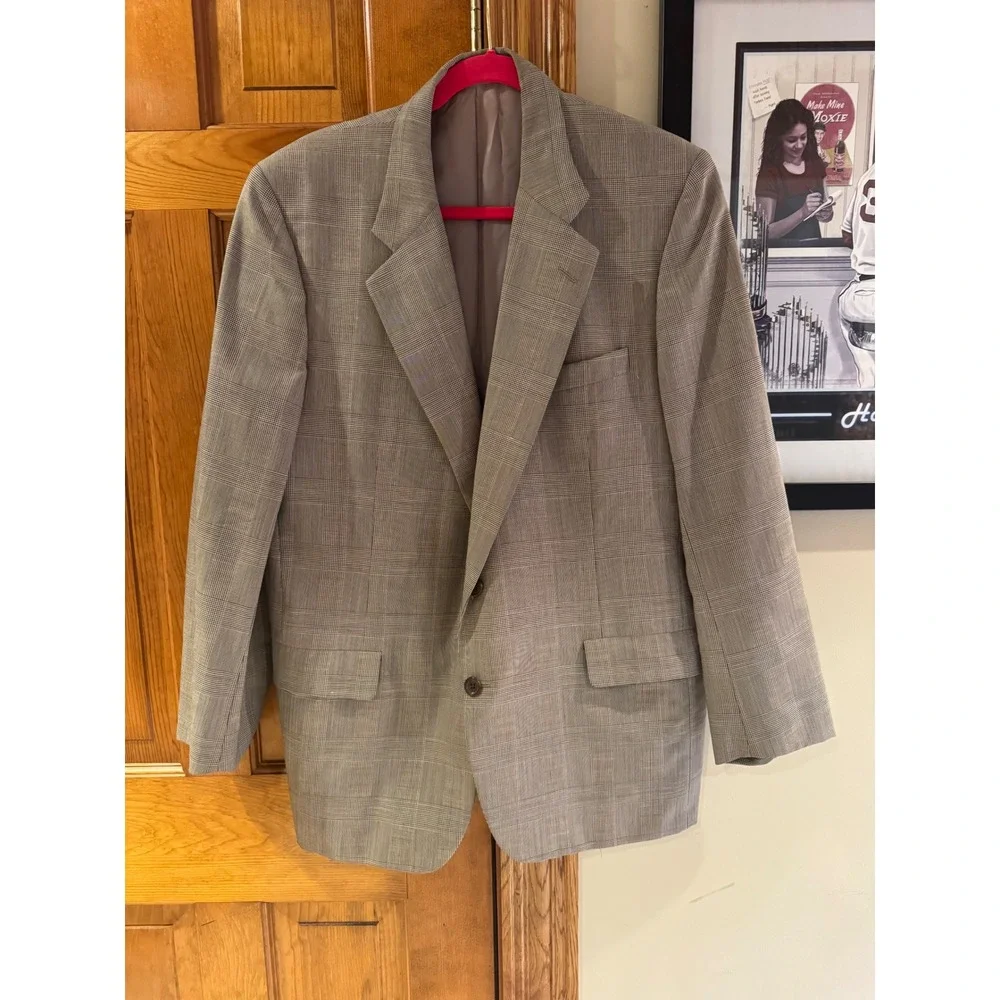 Hickey Freeman Barneys New York Wool‎ Silk Suit 2 Pc Gray Glen Plaid 44R Custom